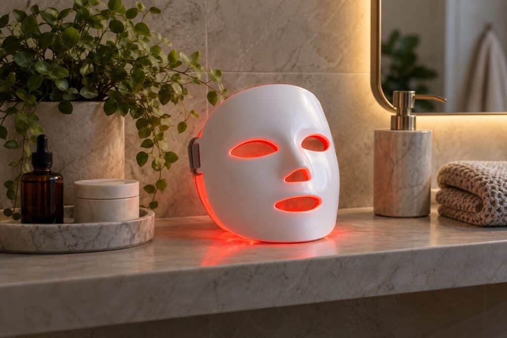 White LED face mask glowing red on a marble bathroom shelf beside skincare products
