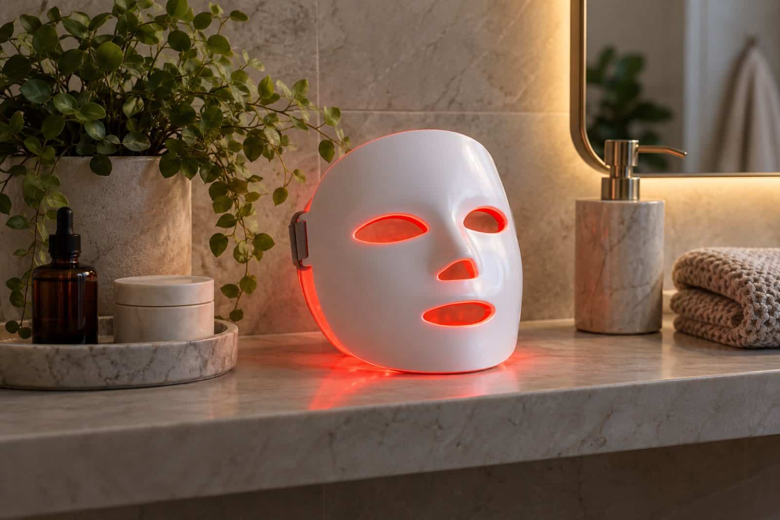 White LED face mask glowing red on a marble bathroom shelf beside skincare products