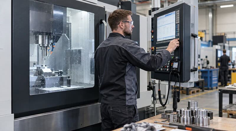 Operator in safety glasses using the control panel of a CNC milling machine in a factory