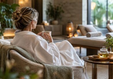 Woman in a white robe holding a cup of tea in a softly lit spa relaxation room
