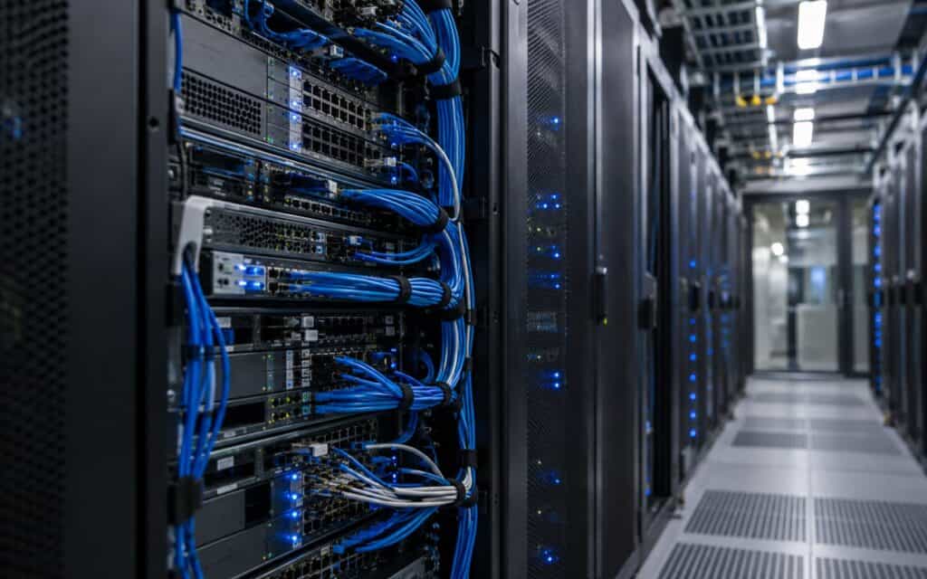 Server racks in a data centre with bundles of blue network cables and blue status lights
