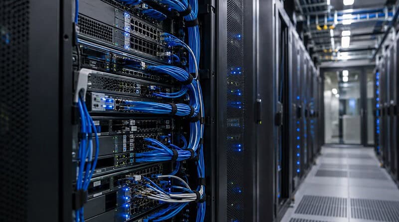 Server racks in a data centre with bundles of blue network cables and blue status lights