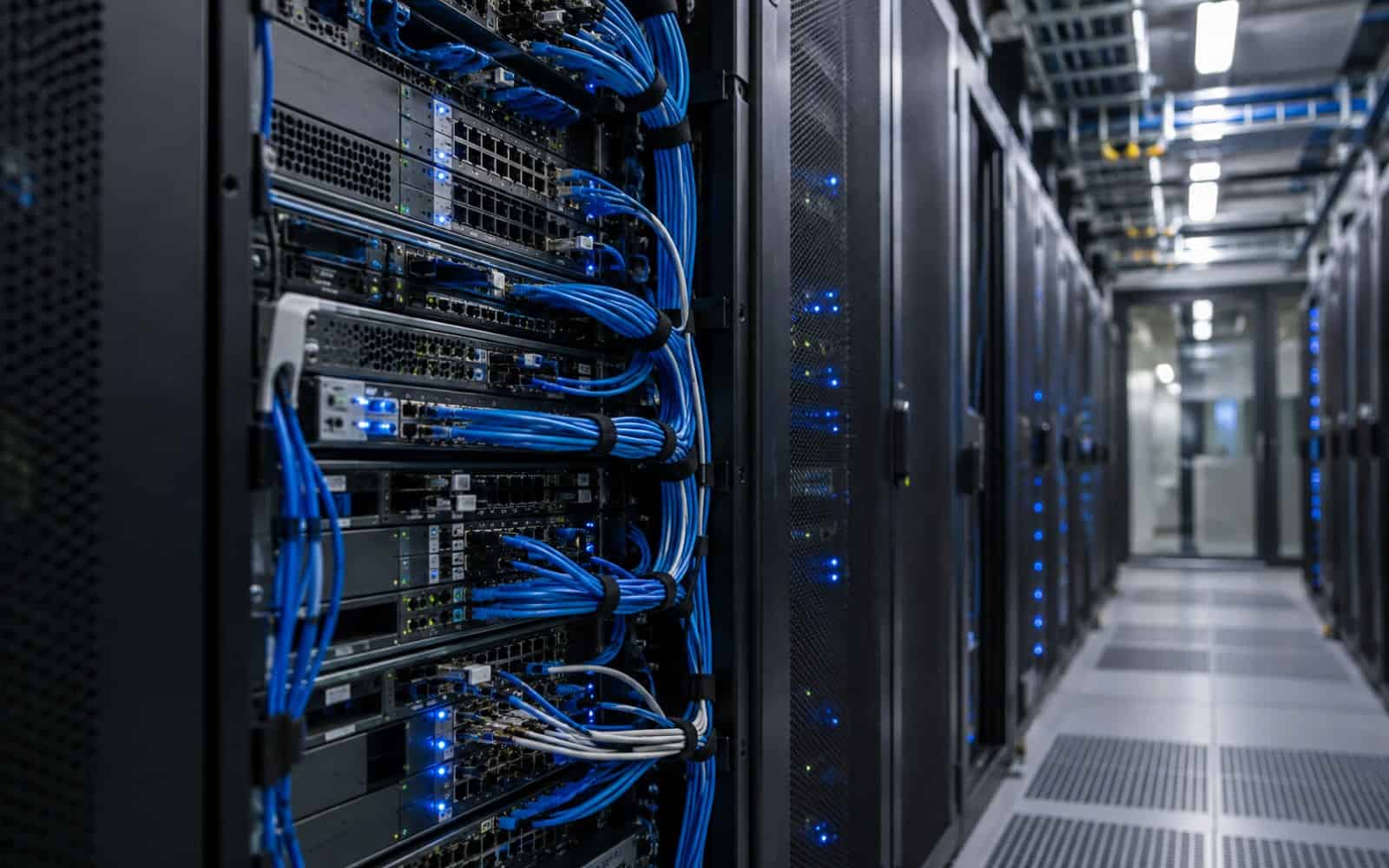 Server racks in a data centre with bundles of blue network cables and blue status lights
