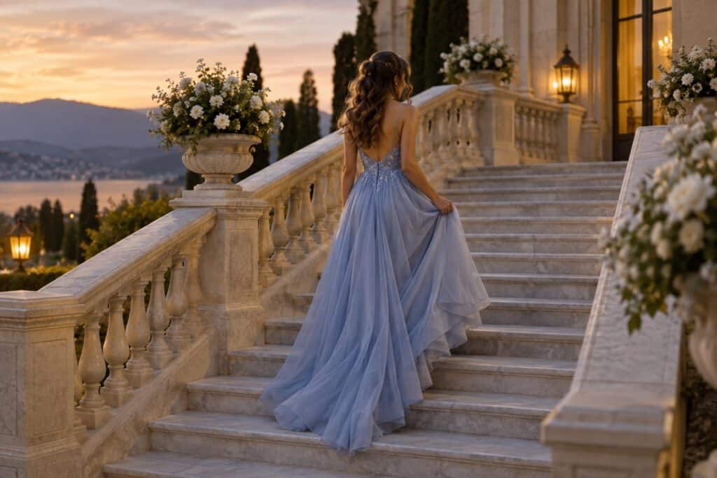Woman in a flowing pale blue gown with an open back walking up wide stone steps at sunset