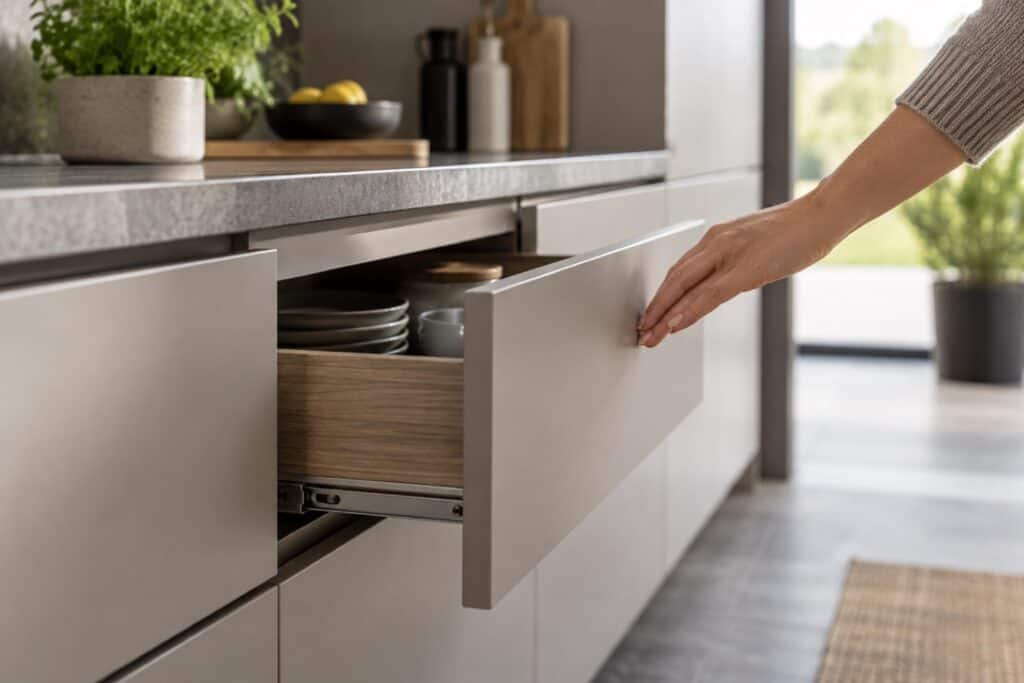 Hand pushing a handleless kitchen drawer closed on a metal runner, with plates inside