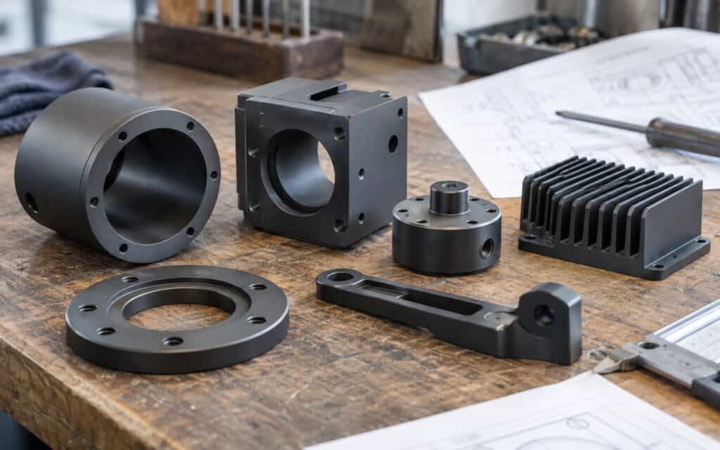 Dark grey anodised aluminium machined parts laid out on a wooden workbench