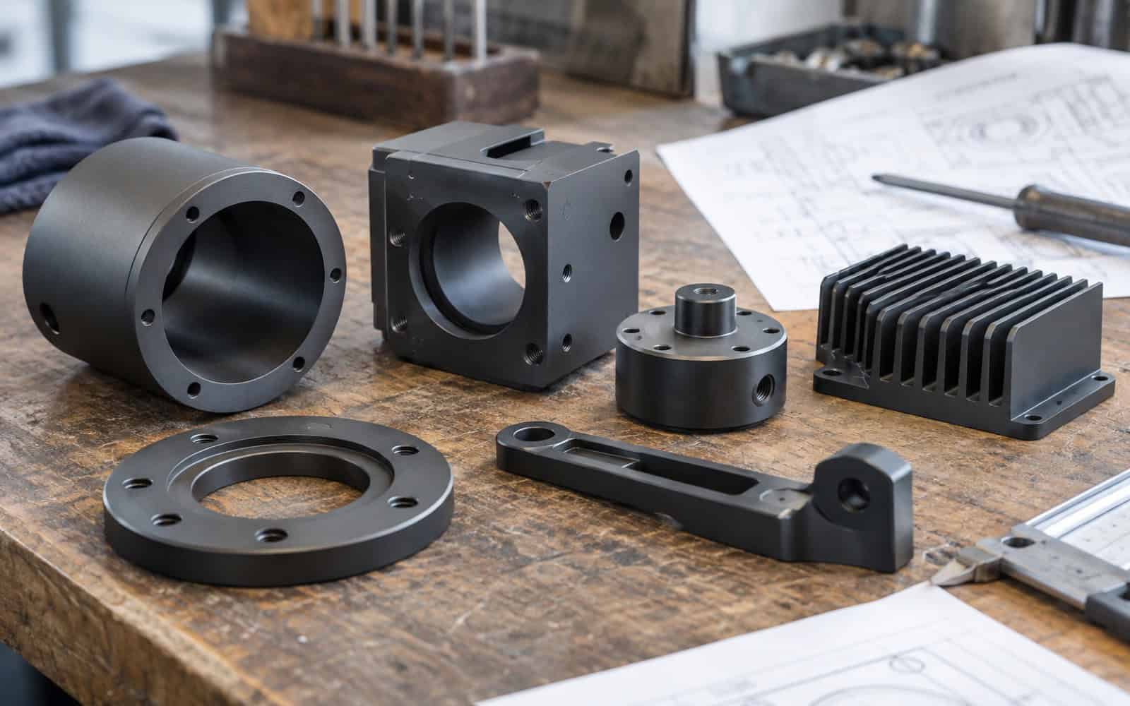 Dark grey anodised aluminium machined parts laid out on a wooden workbench
