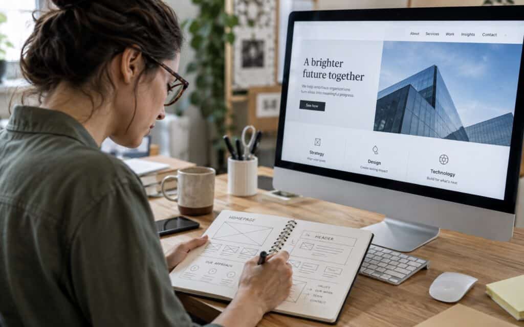 Designer sketching a homepage wireframe in a notebook beside a monitor showing a corporate website
