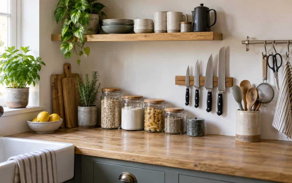 Tidy kitchen worktop with glass storage jars, a magnetic knife strip and a utensil pot