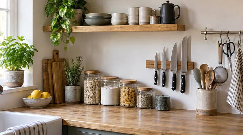 Tidy kitchen worktop with glass storage jars, a magnetic knife strip and a utensil pot
