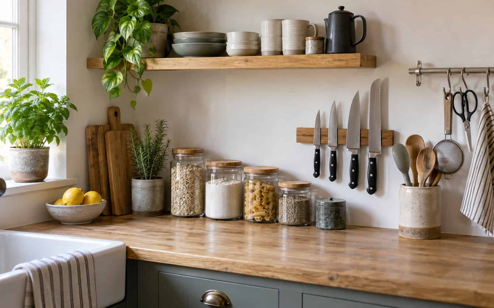 Tidy kitchen worktop with glass storage jars, a magnetic knife strip and a utensil pot