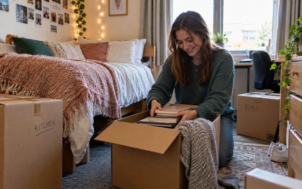 Smiling student unpacking books from a cardboard box in a student bedroom