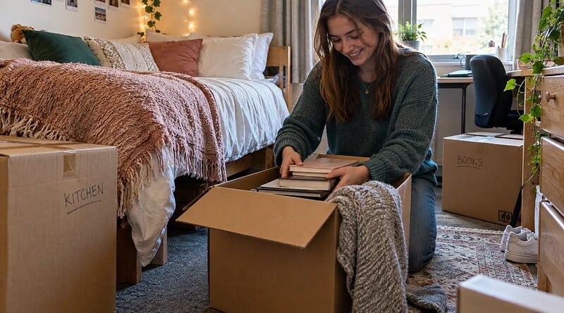 Smiling student unpacking books from a cardboard box in a student bedroom