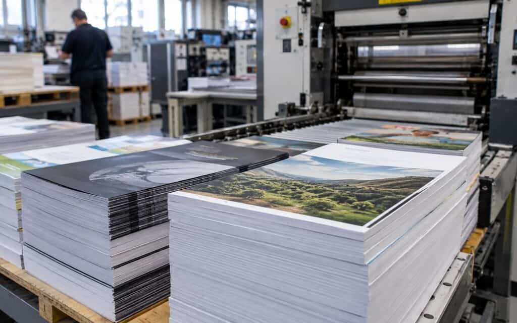Stacks of printed catalogues and report covers beside a large printing press