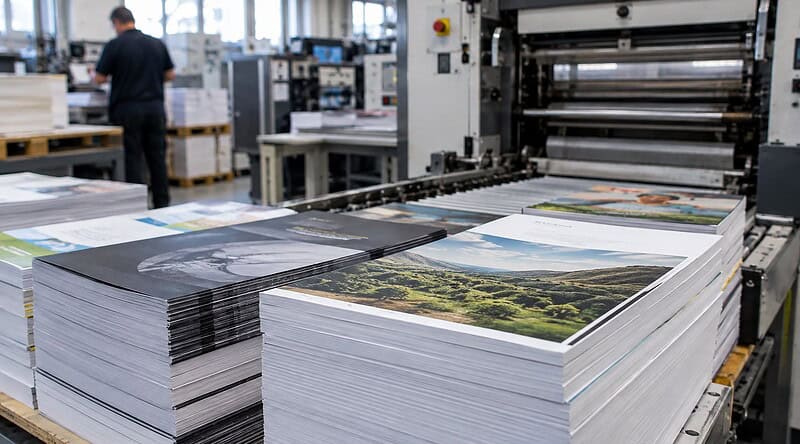 Stacks of printed catalogues and report covers beside a large printing press