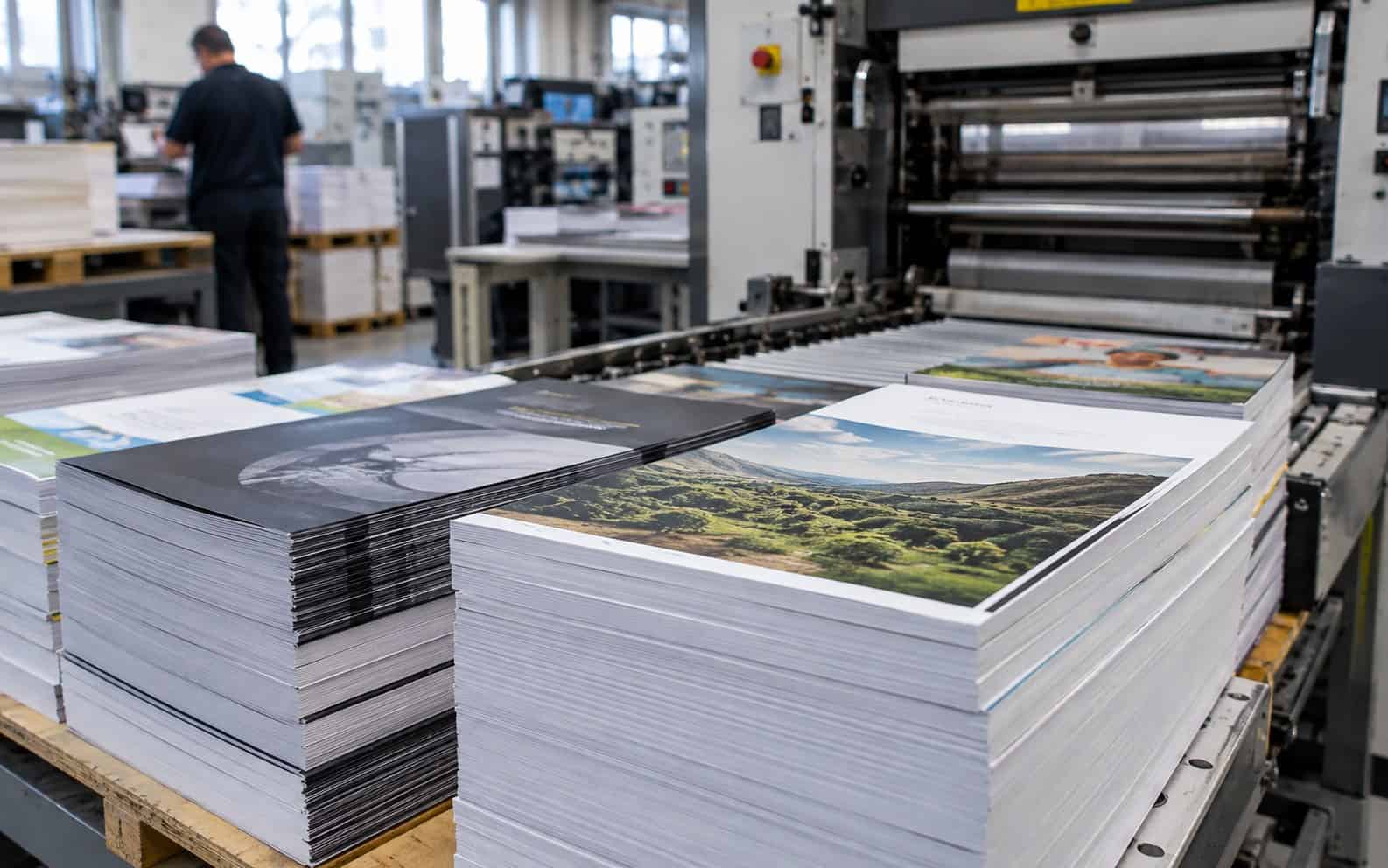 Stacks of printed catalogues and report covers beside a large printing press