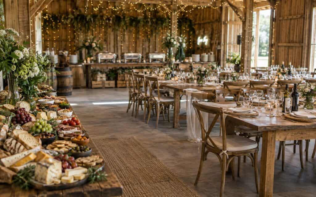 Rustic barn wedding venue with fairy lights, laid wooden tables and a grazing table