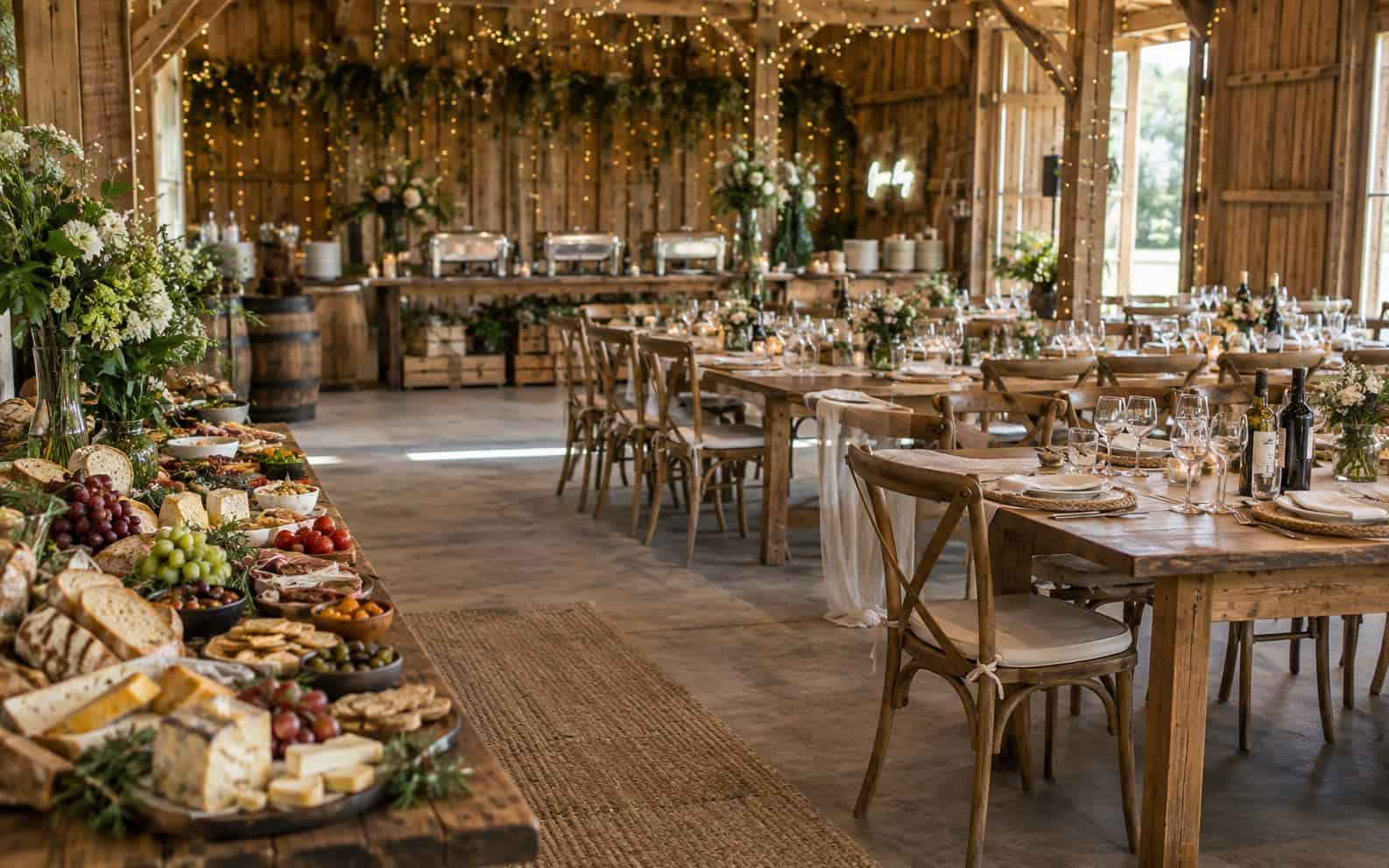 Rustic barn wedding venue with fairy lights, laid wooden tables and a grazing table