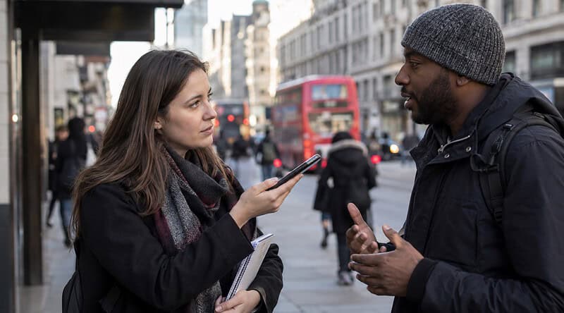 Reporter with a notebook recording a street interview on a phone