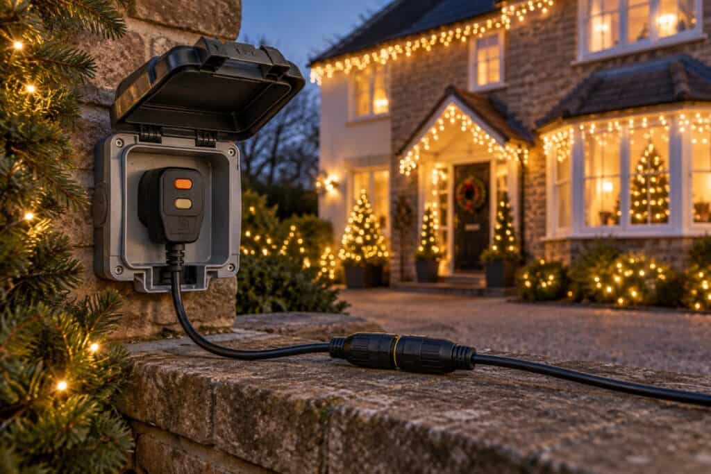 RCD plug in a weatherproof outdoor socket in front of a house lit with Christmas lights