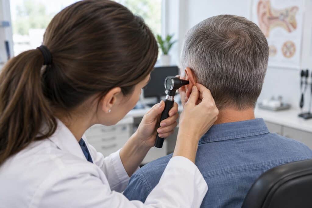 Clinician examining a man's ear with an otoscope in a consulting room
