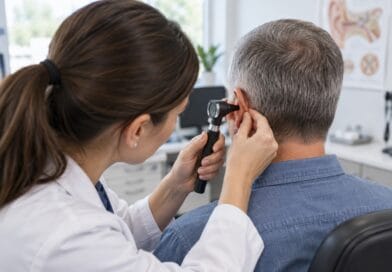Clinician examining a man's ear with an otoscope in a consulting room