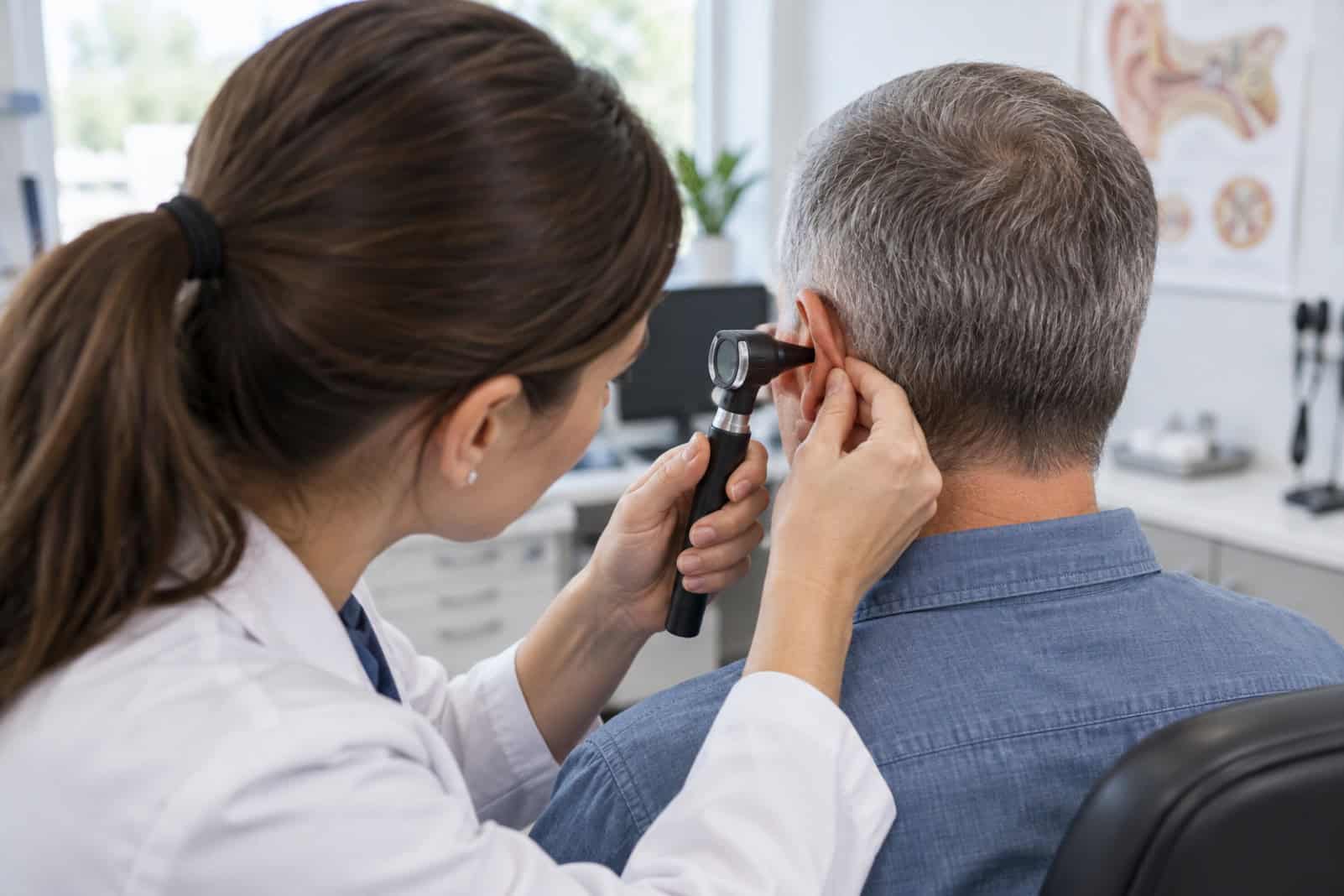 Clinician examining a man's ear with an otoscope in a consulting room