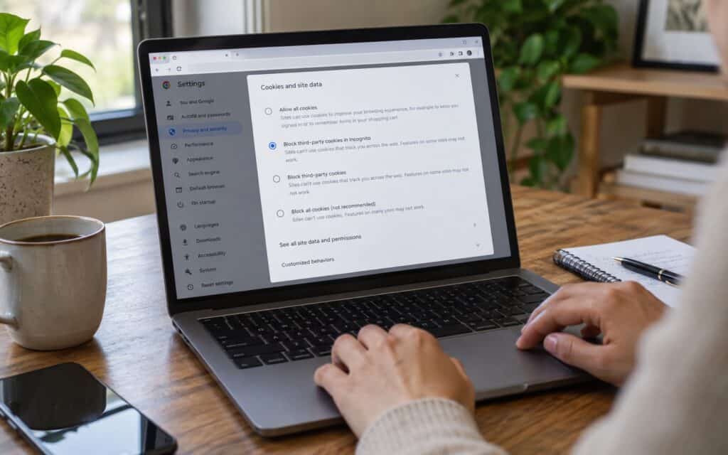 Laptop screen showing a web browser's cookies and site data settings