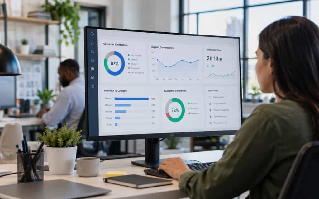 Woman at an office desk viewing a customer experience dashboard with satisfaction charts