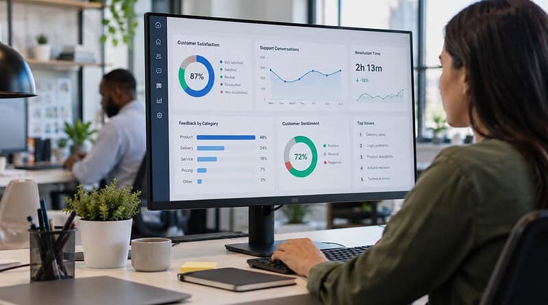 Woman at an office desk viewing a customer experience dashboard with satisfaction charts