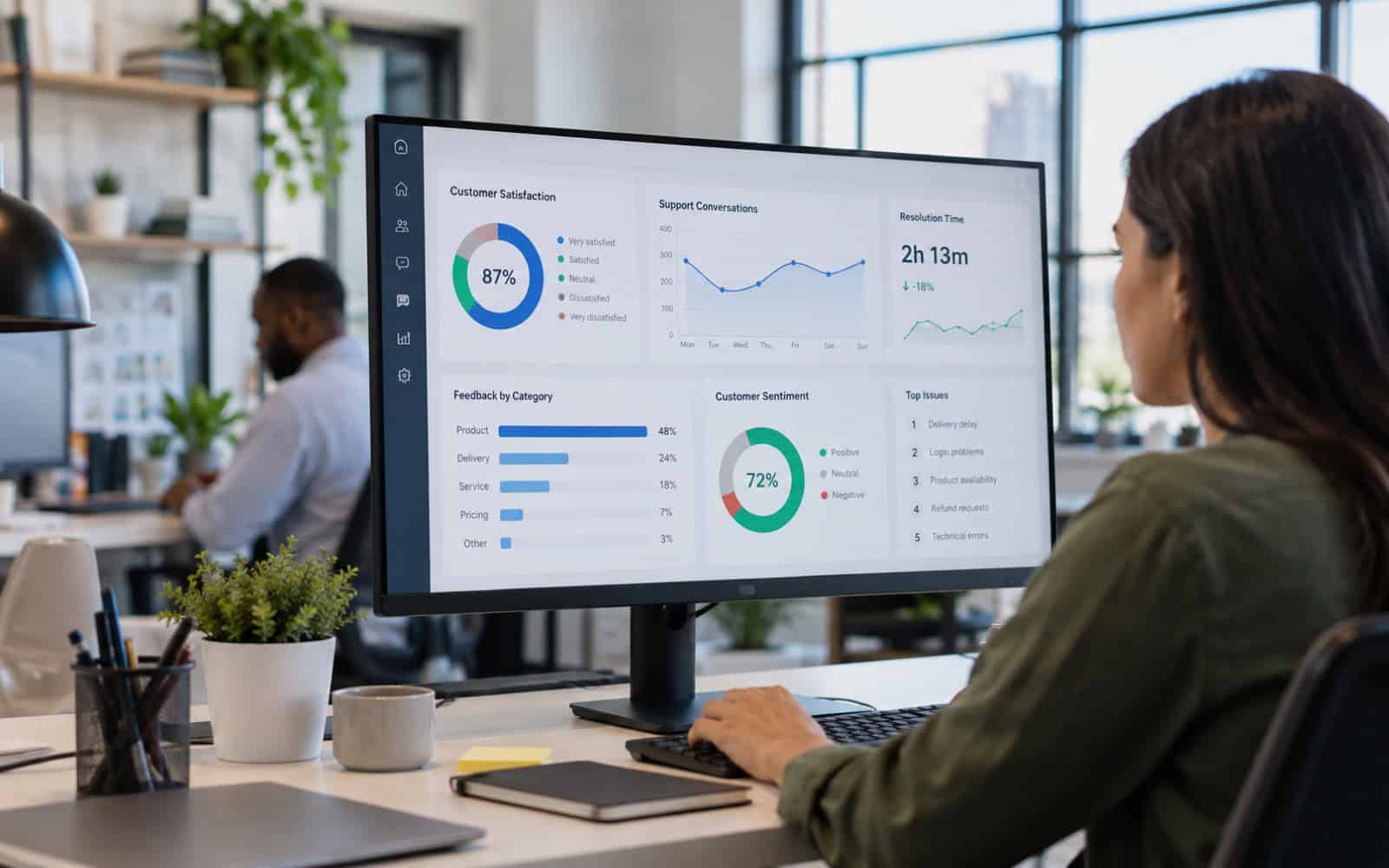 Woman at an office desk viewing a customer experience dashboard with satisfaction charts