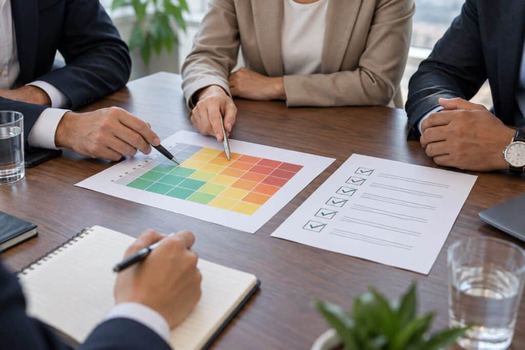 Colleagues pointing at a colour-coded risk matrix next to a ticked compliance checklist