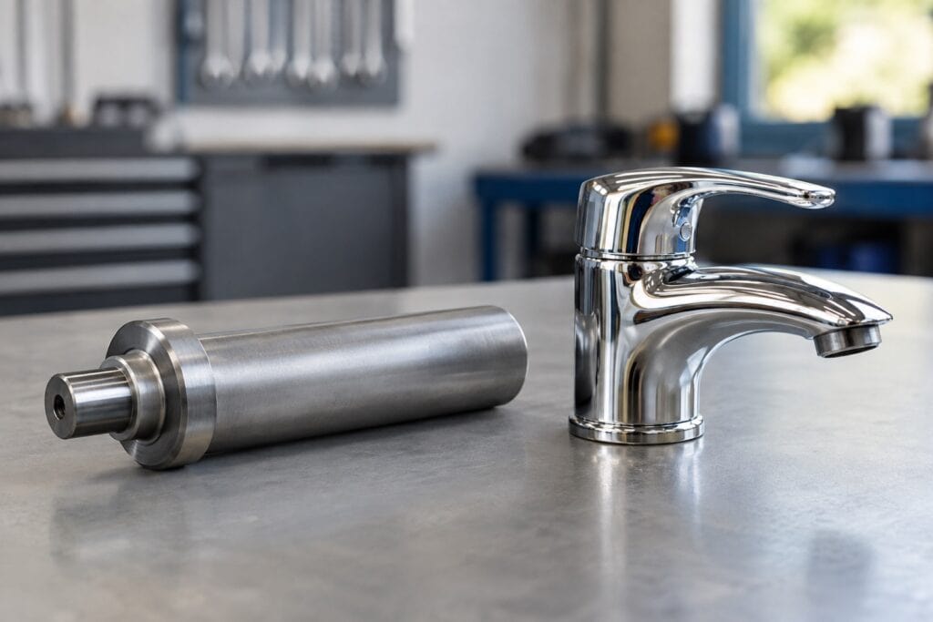 Satin steel shaft next to a shiny chrome mixer tap on a grey workshop bench