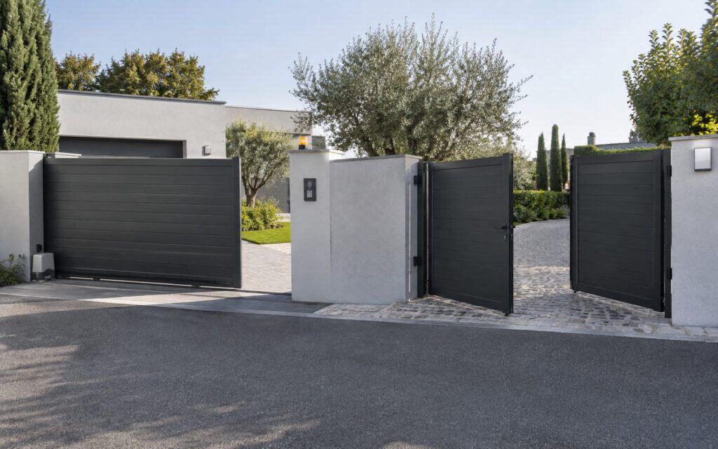 Grey sliding driveway gate beside a matching pair of open swing gates