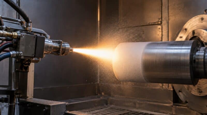 Spray gun firing a glowing stream of molten particles onto a rotating steel cylinder