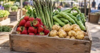 Wooden crate of strawberries, asparagus, broad beans and new potatoes on a table at an outdoor market