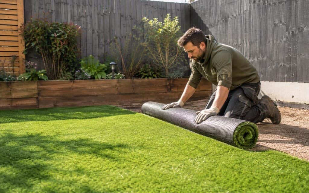Installer in gloves unrolling artificial grass over a prepared base in a back garden