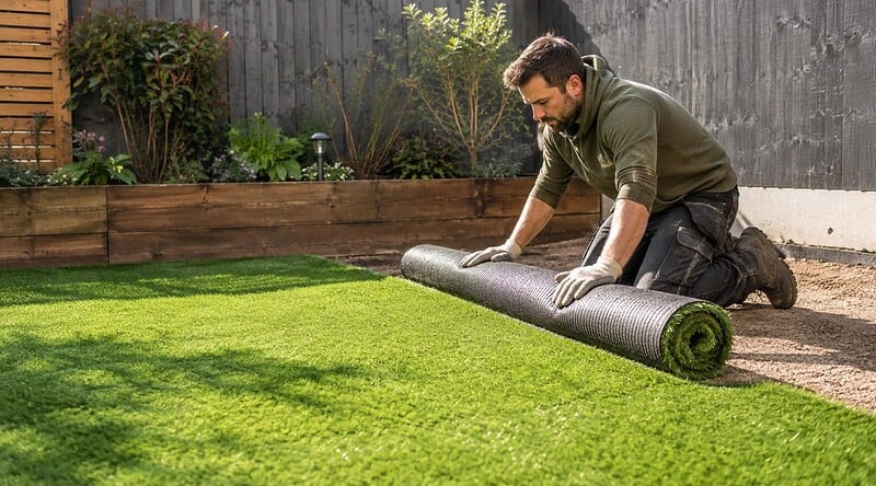Installer in gloves unrolling artificial grass over a prepared base in a back garden
