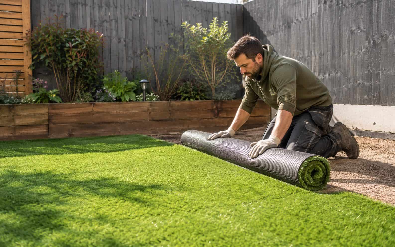 Installer in gloves unrolling artificial grass over a prepared base in a back garden