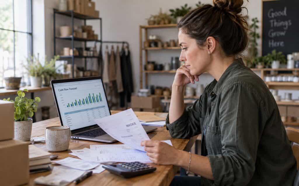 Business owner studying an invoice beside a laptop showing a cash flow forecast chart