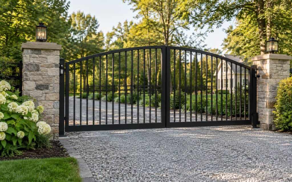 Black arched double metal gate between stone pillars with lanterns across a gravel drive