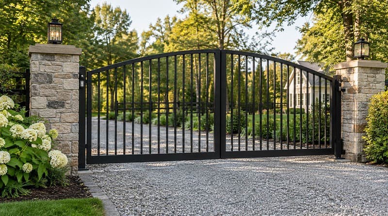 Black arched double metal gate between stone pillars with lanterns across a gravel drive