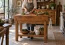 Person slicing radishes on a rustic wooden butcher's block in a farmhouse-style kitchen