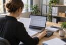 Woman at a desk checking a printed report against a laptop spreadsheet, using a calculator