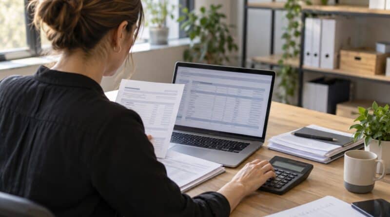 Woman at a desk checking a printed report against a laptop spreadsheet, using a calculator