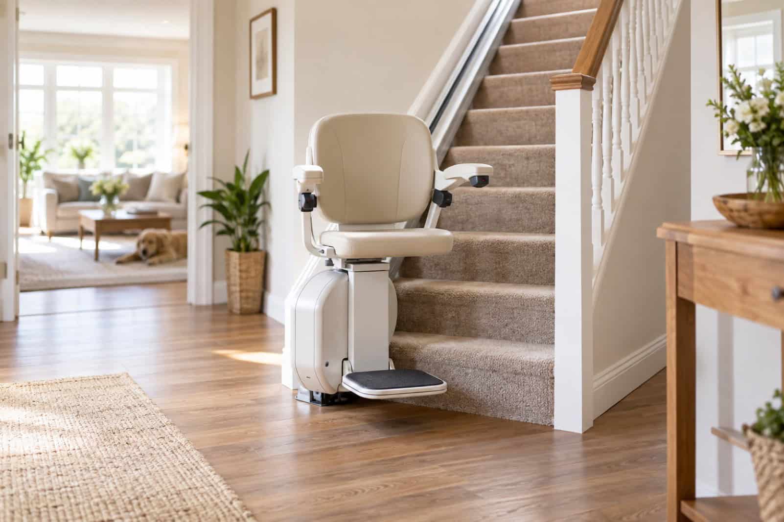 Cream stairlift at the bottom of a carpeted staircase in a bright hallway with wooden floors