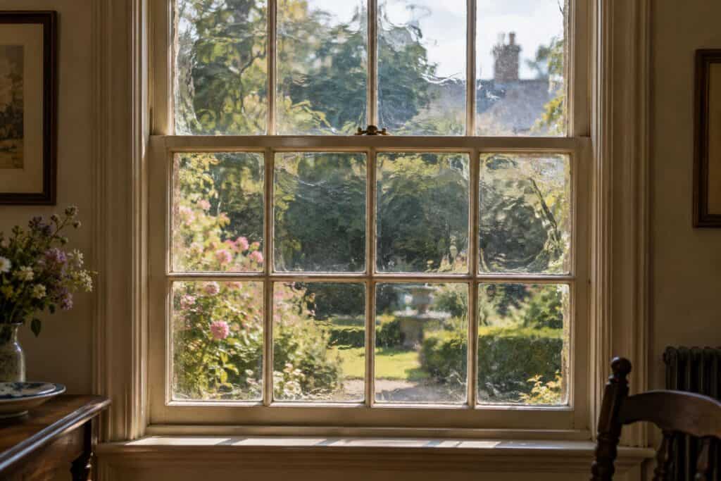 Old sash window with rippled glass panes distorting the view of a sunny garden