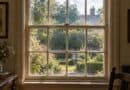 Old sash window with rippled glass panes distorting the view of a sunny garden