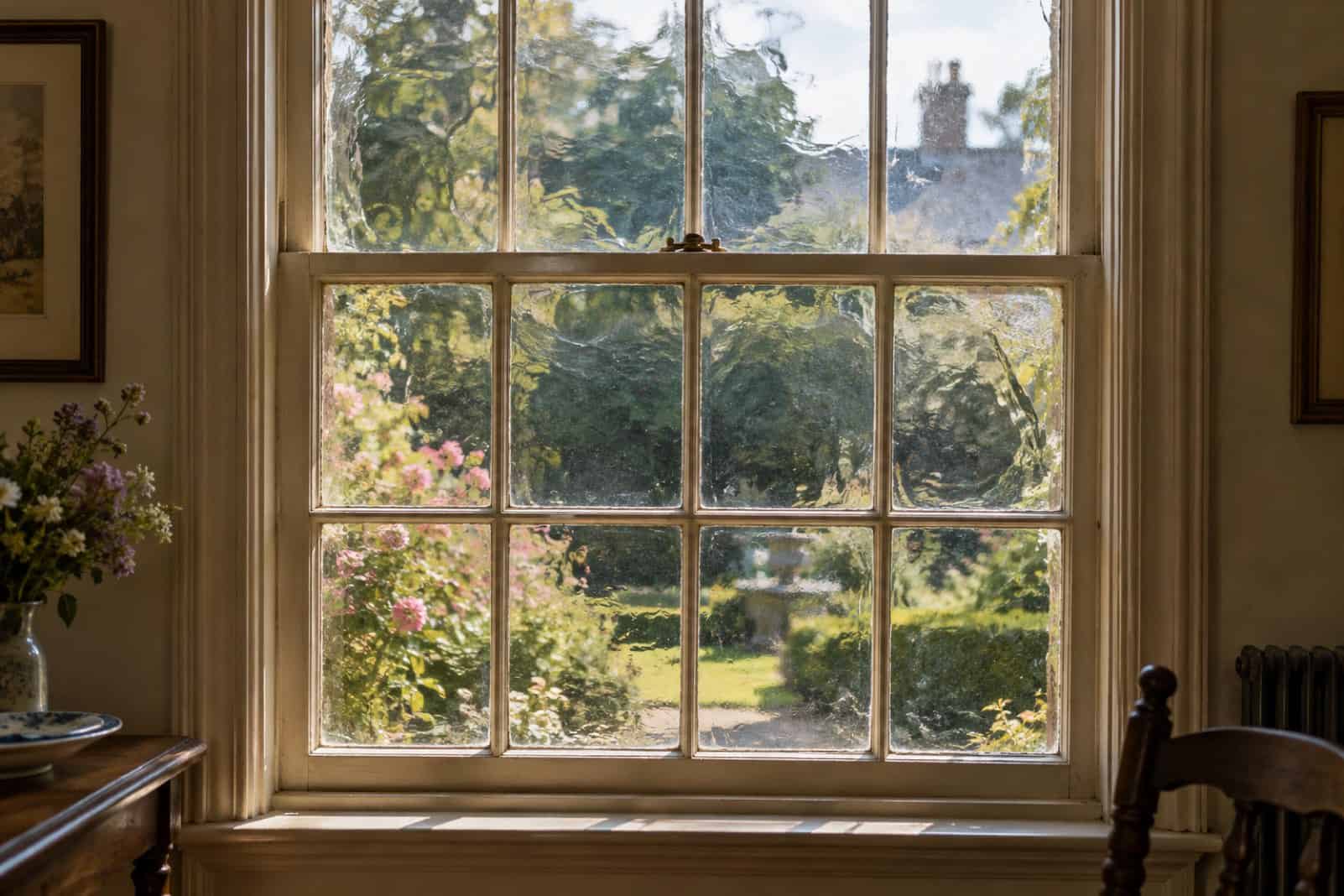 Old sash window with rippled glass panes distorting the view of a sunny garden
