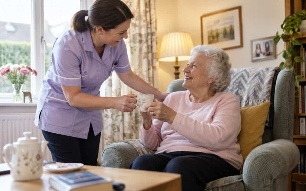 Carer in a lilac uniform handing a cup of tea to a smiling older woman in an armchair
